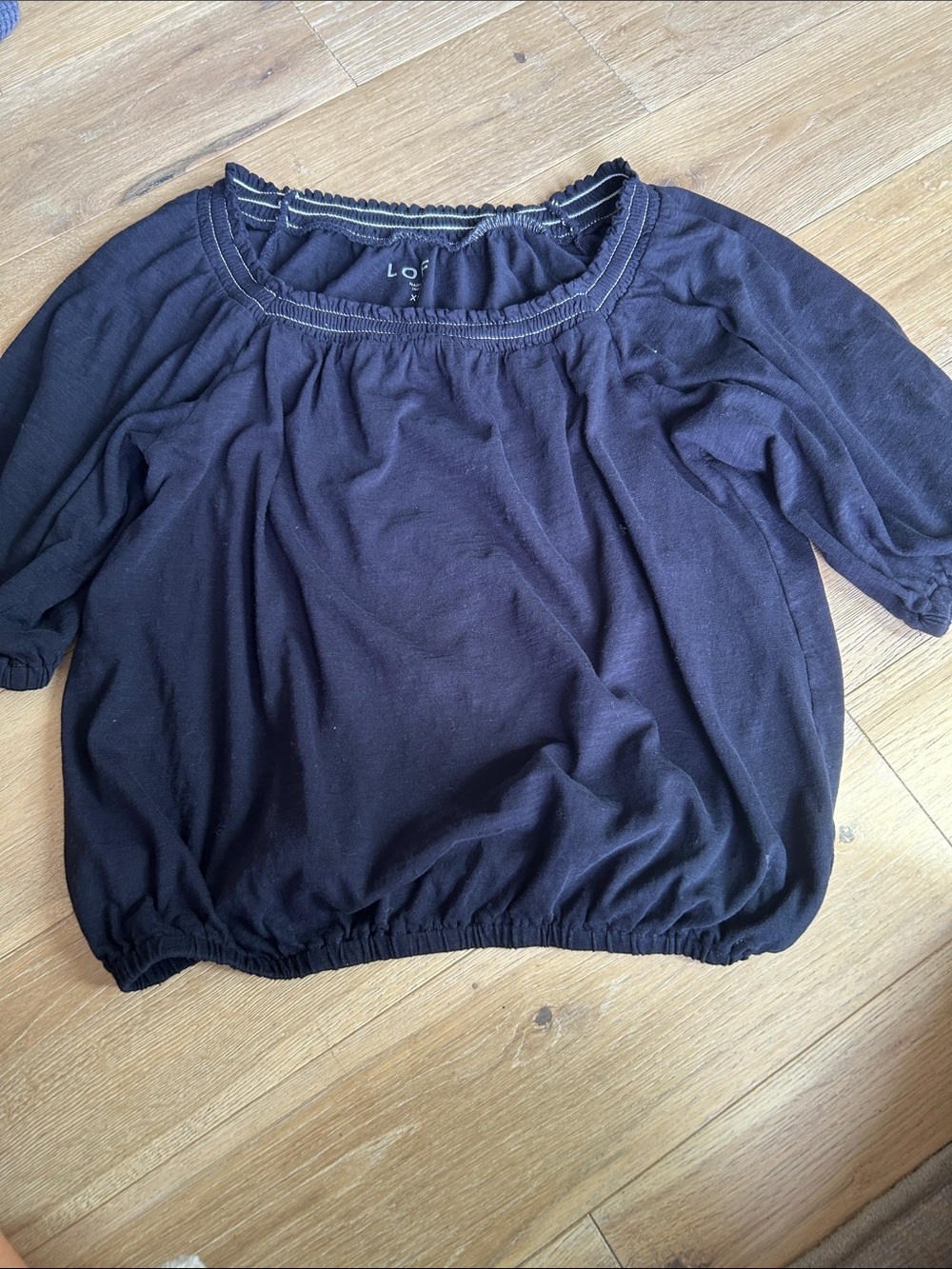 LOFT Black Elastic Hem Peasant Top
